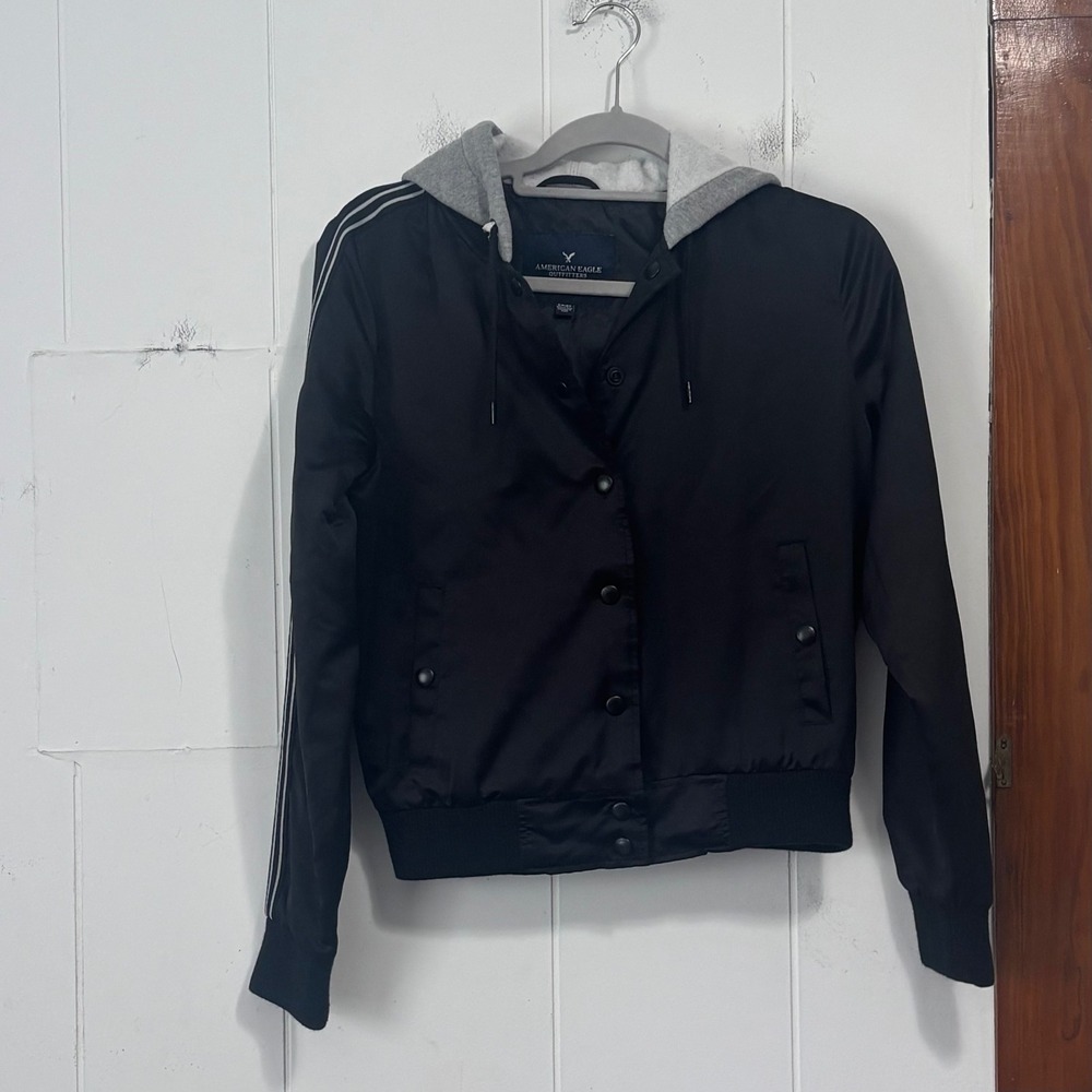 American Eagle Outfitters Womens Black Bomber Jacket Grey‎ Hooded Varsity Small
